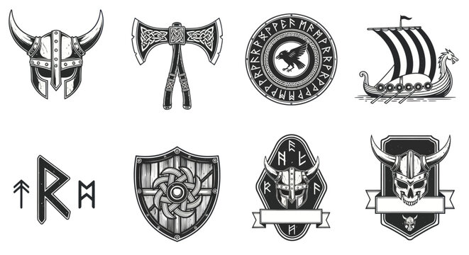 A collection of Viking-themed symbols featuring helmets, axes, shields, and a ship in monochrome