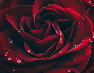 Abstract red rose petal texture with velvety surface and deep shadow curves macro