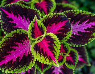 Exotic coleus foliage with variegated neon pink green and purple splashes macro