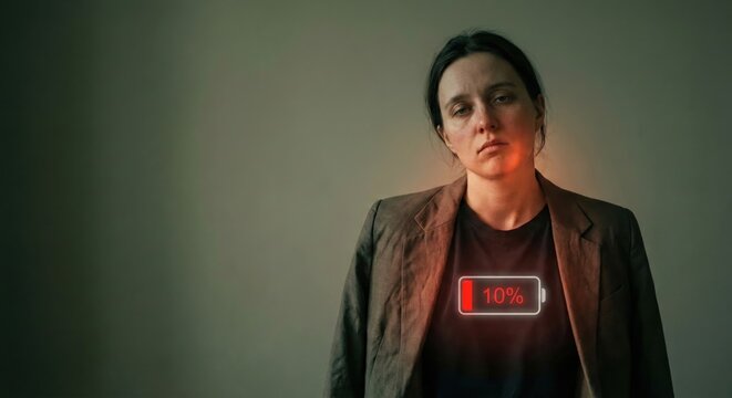 Exhausted woman with a low battery icon symbolizing fatigue and burnout