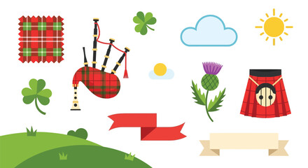 Fototapeta premium A vibrant collection of Scottish and Irish cultural symbols including bagpipes, tartan, kilt, thistle, shamrocks, and banners on a green hill.