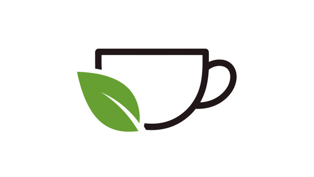 A minimalist logo featuring a tea cup with a leaf graphic, set against a white backdrop