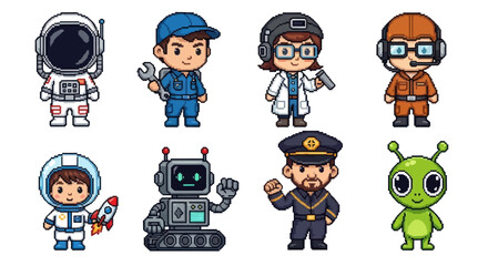 A colorful array of pixelated characters, including astronauts, a robot, and an alien figure