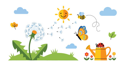 A vibrant cartoon illustration depicts a sunny spring day with a dandelion, a bee, a butterfly, a ladybug on a watering can, and fluffy clouds. © tr