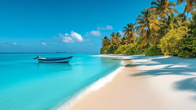 Beautiful tropical beach with white sand, palm trees, and turquoise water with a small boat floating peacefully