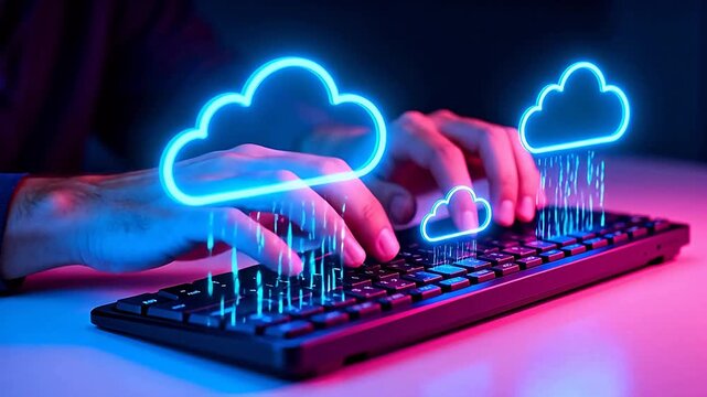Hands typing on glowing cloud keyboard