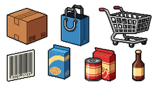 A collection of grocery items including a box, bags, a cart, and various packaged foods