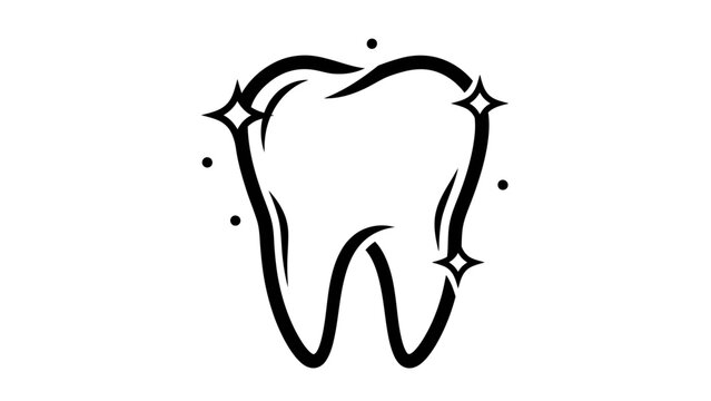 A simple black and white dental illustration, a stylized molar with sparkle highlights on a white backdrop