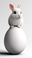 Fototapeta premium Cute white rabbit fluffy fur big eyes sitting on smooth egg minimal background soft lighting adorable animal Easter theme