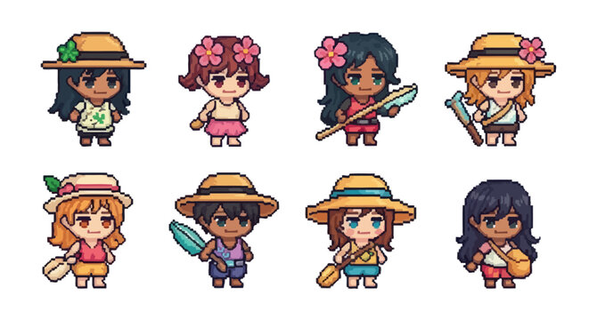 A collection of eight pixel art characters, each with unique hairstyles, outfits, and accessories