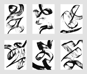 Set of vector abstract backgrounds. Black ink brush strokes, patterns, posters, cover.