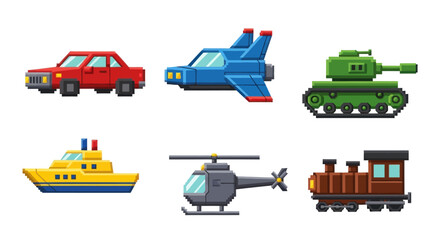 Fototapeta premium A collection of six whimsical pixel-art vehicles, including a car, spaceship, tank, boat, helicopter, and train
