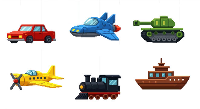 A colorful collection of vehicles including a car, plane, tank, spaceship, train, and boat
