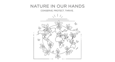 Fototapeta premium Earth conservation icon with flowers and leaves, symbolizing protect and thrive, in a line art style with a minimalist design.