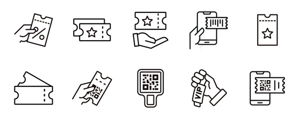 simple ticket entry pass icon line set. voucher access for cinema, concert, sport, flight, transport, vip qr code reservation signs vector outline illustration