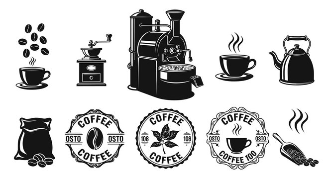 A collection of coffee-themed illustrations, showcasing beans, cups, a grinder, and labels