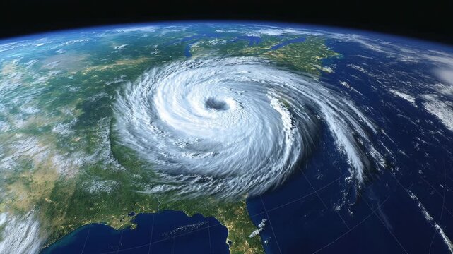 Satellite view of hurricane swirling over north america coast with massive storm eye and clouds moving slowly