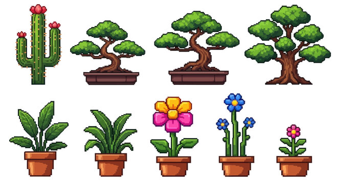 A collection of pixel art plants featuring cacti, bonsai trees, flowers, and leafy greens in pots