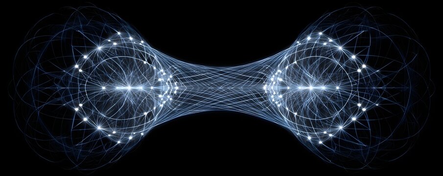 Symmetrical 3D geometric lattice lines glowing with gray and blue gradient tones on black background