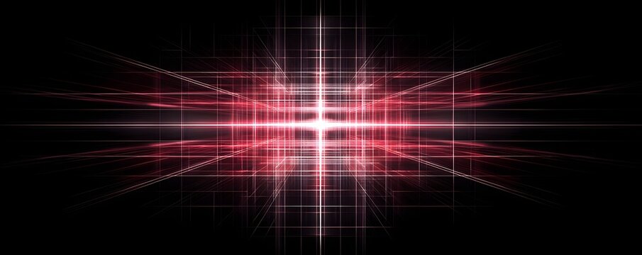 Symmetrical 3D geometric grid lines glowing with red and white gradient tones on black background