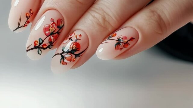 Elegant nails with an exquisite pattern of blossoming branches on a beige background will be the perfect visual solution for beauty blogs or advertising manicure services.
