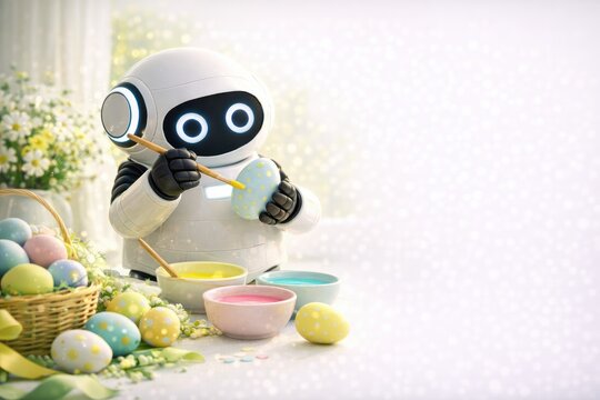 Adorable robot painting Easter eggs near basket with pastel bowls and spring decor.