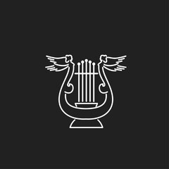 Minimalist White Line Art Lyre with Wings, Classic Musical Instrument Icon on Black Background