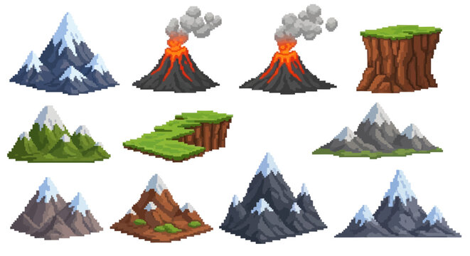 A collection of pixel-art mountain landscapes, including snowy peaks, volcanoes, and grassy cliffs