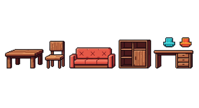 A pixel art scene features a table, chair, sofa, bookshelf, desk, and chairs in vibrant colors