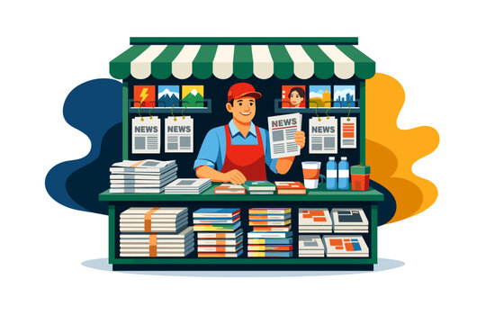 Man selling newspapers and magazines at a newsstand.