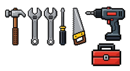 Obraz premium A collection of pixel-art style tools including a hammer, wrenches, screwdriver, saw, drill, and toolbox