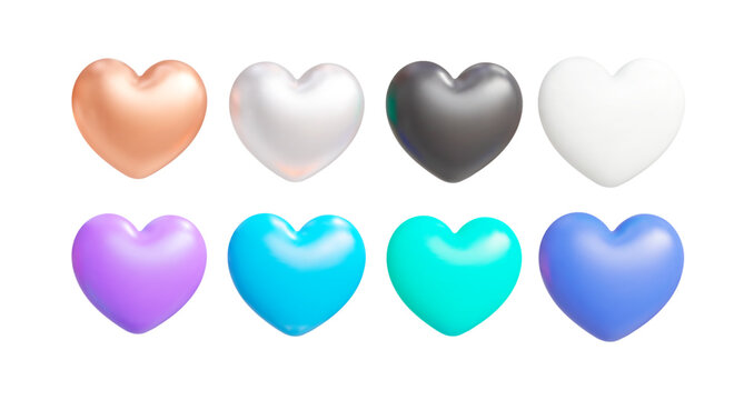 3D glossy heart icon set in multiple colors for Valentine design and interface elements