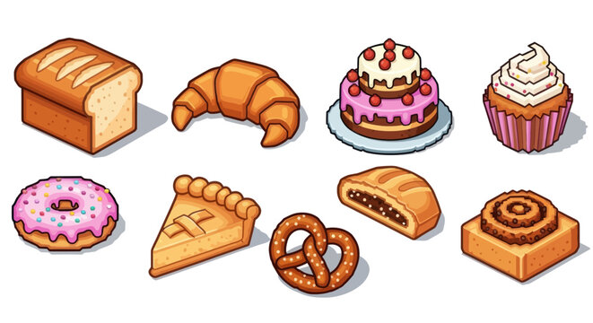 A colorful assortment of baked goods including bread, croissants, cupcakes, and pastries