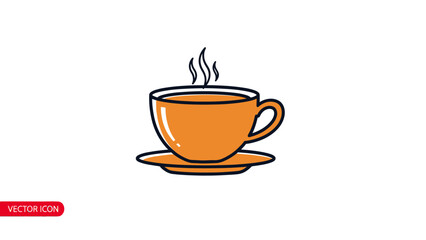 Obraz premium A stylized orange coffee cup with steam rising, on a saucer. Outlined and on white background
