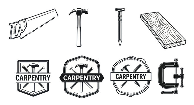 A variety of carpentry tools including a saw, hammer, nail, wood plank, and logos depicting carpentry