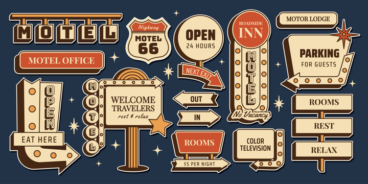 Retro motel signs sticker set by classic American roadside and Route culture. Night motel signboards, parking, rooms and road directions in vintage midcentury 1950s style. Vector illustration