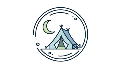 A camping tent and crescent moon graphic within a circular frame with dots © gudangPIXEL