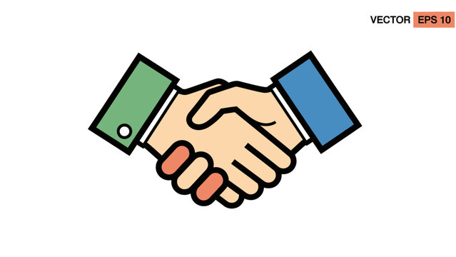 A vector graphic depicts a handshake with hands in different colored sleeves