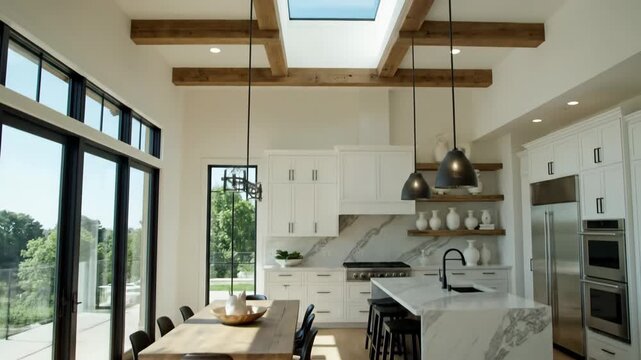 Elegant kitchen and dining area interior design features white cabinets marble countertops and wooden accents creating a stylish and functional space