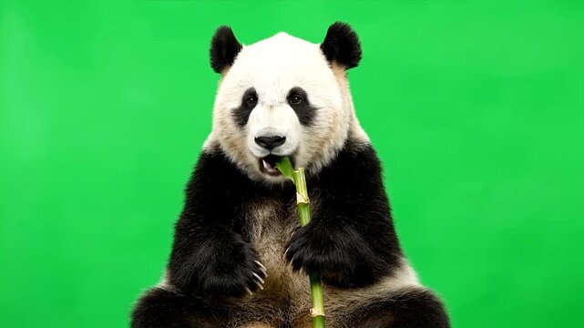 A panda eating bamboo shoots in a studio setting with a green screen background from a frontal viewpoint