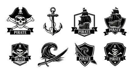 Obraz premium A collection of pirate-themed graphics featuring skulls, anchors, ships, waves, and swords