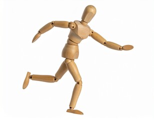 走るジェスチャーをする横向きの木製の人形。AIで生成	