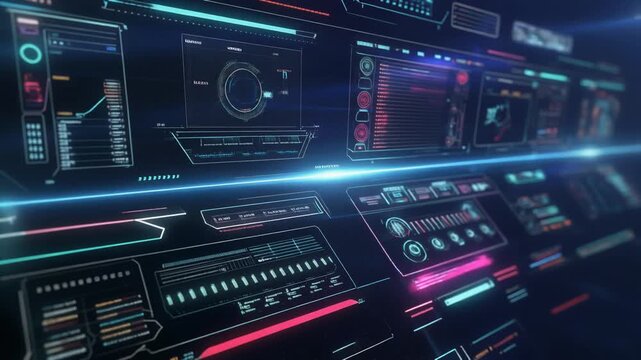 Futuristic control center with neon lights and digital interfaces displaying data analytics and monitoring systems from a low-angle perspective
