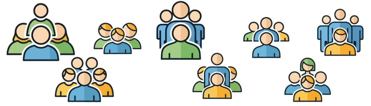 A group of people standing together in various colorful combinations
