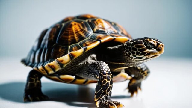 A close-up view of a small turtle sitting on a table
