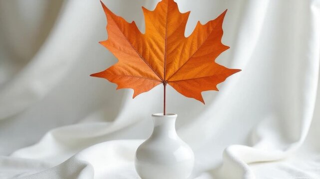 A simple still life  of a white vase holding a single orange leaf, great for interior design or nature inspired scenes