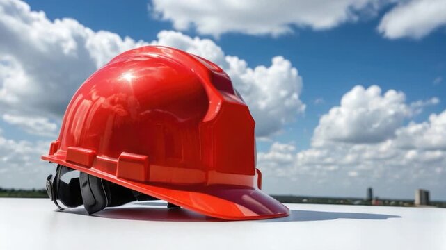 A red hard hat is sitting on the edge of a rooftop, perhaps left behind after a construction worker or maintenance person has finished their job