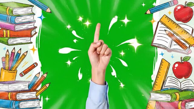 A human hand points upwards with an index finger on a green screen background