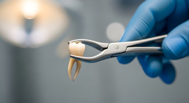 Extracted Tooth Held Securely by Surgical Forceps in Gloved Hands dental forceps
