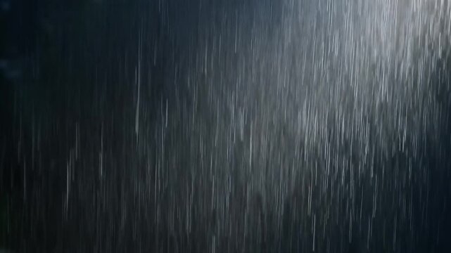 Rainfall captured from a close-up viewpoint in a dark environment with rain falling heavily
